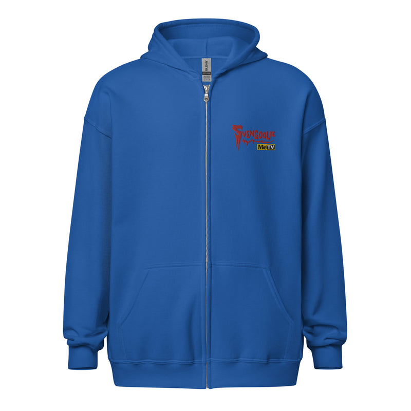 Front view of Royal Blue zip-up hoodie with a small red Svengoolie logo and 'MeTV' logo embroidered on the upper right chest