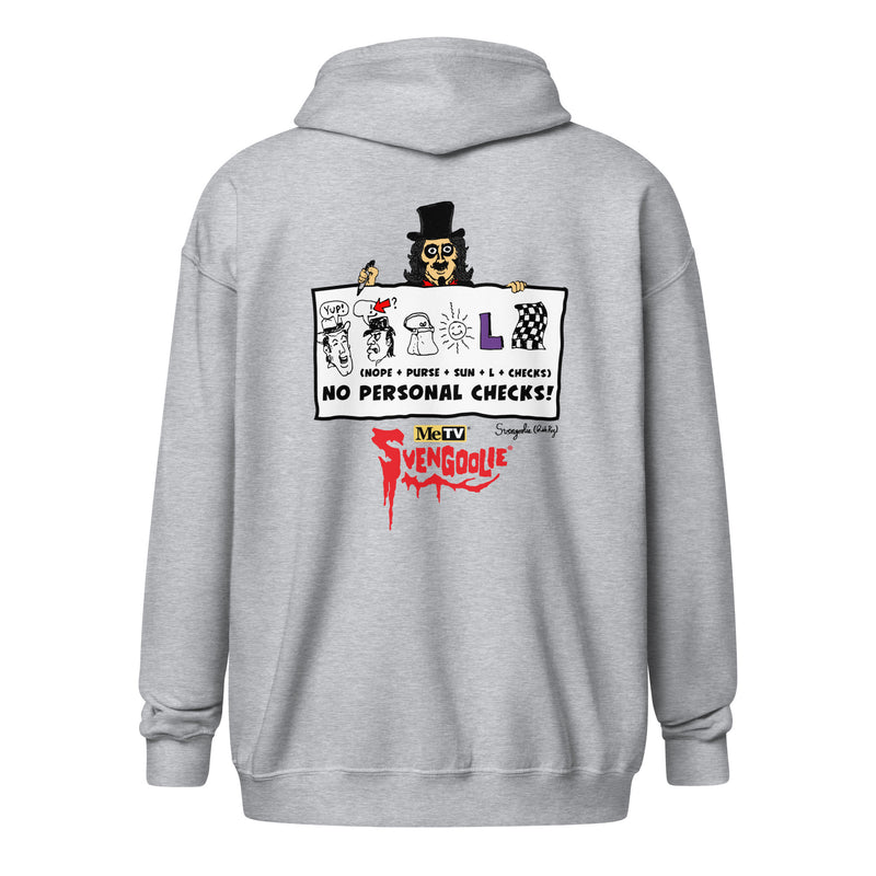 Back view of grey zip-up hoodie featuring Svengoolie holding a white sign with the text 'NO PERSONAL CHECKS!' in black below illustrations and a red Svengoolie logo.