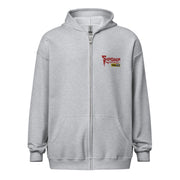 Front view of heather gray zip-up hoodie with a hood and kangaroo pocket, featuring the Svengoolie logo with the text 'Svengoolie' in red and 'MeTV' in black on yellow at the upper left chest.