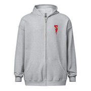 Sport gray zip-up hoodie with a drawstring hood and a red embroidered Svengoolie dripping letter S logo on the left chest.