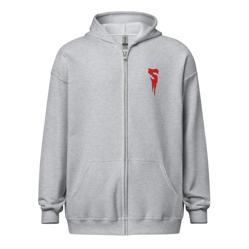 Sport gray zip-up hoodie with a drawstring hood and a red embroidered Svengoolie dripping letter S logo on the left chest.