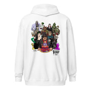 Back view of white hoodie featuring illustrated Svengoolie with cake surrounded by movie monsters, with 'Svengoolie' logo at lower right