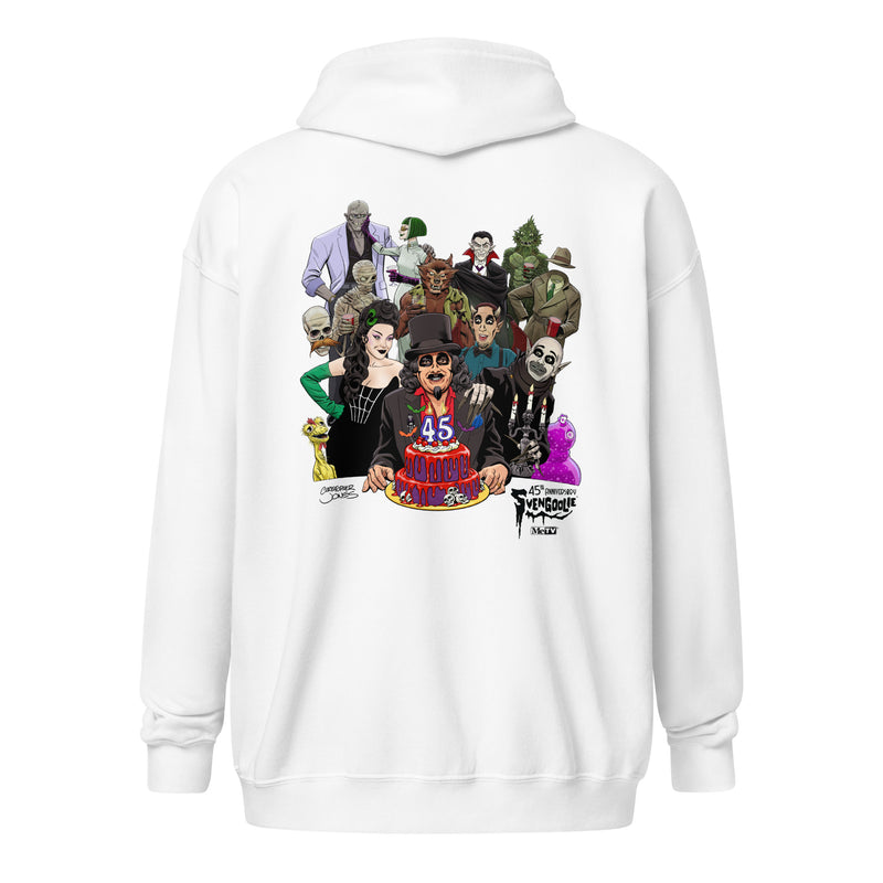 Back view of white hoodie featuring illustrated Svengoolie with cake surrounded by movie monsters, with 'Svengoolie' logo at lower right