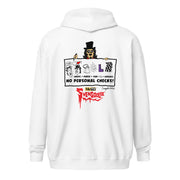 Back view of white zip-up hoodie featuring Svengoolie cartoon holding a sign with the text 'NO PERSONAL CHECKS!' in black above a red 'SVENGOOLIE' logo with 'MeTV' above it.