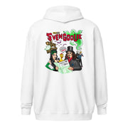 Back view of white zip-up hoodie featuring a cartoon Svengoolie in a top hat and ghosts with the text 'Svengoolie' in red above.