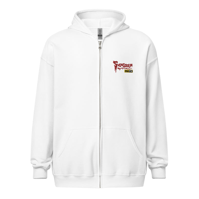 Front view of white zip-up hoodie with a small red Svengoolie logo and 'MeTV' logo embroidered on the upper right chest