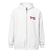 Front view of white zip-up hoodie with a small red Svengoolie logo and 'MeTV' logo embroidered on the upper right chest