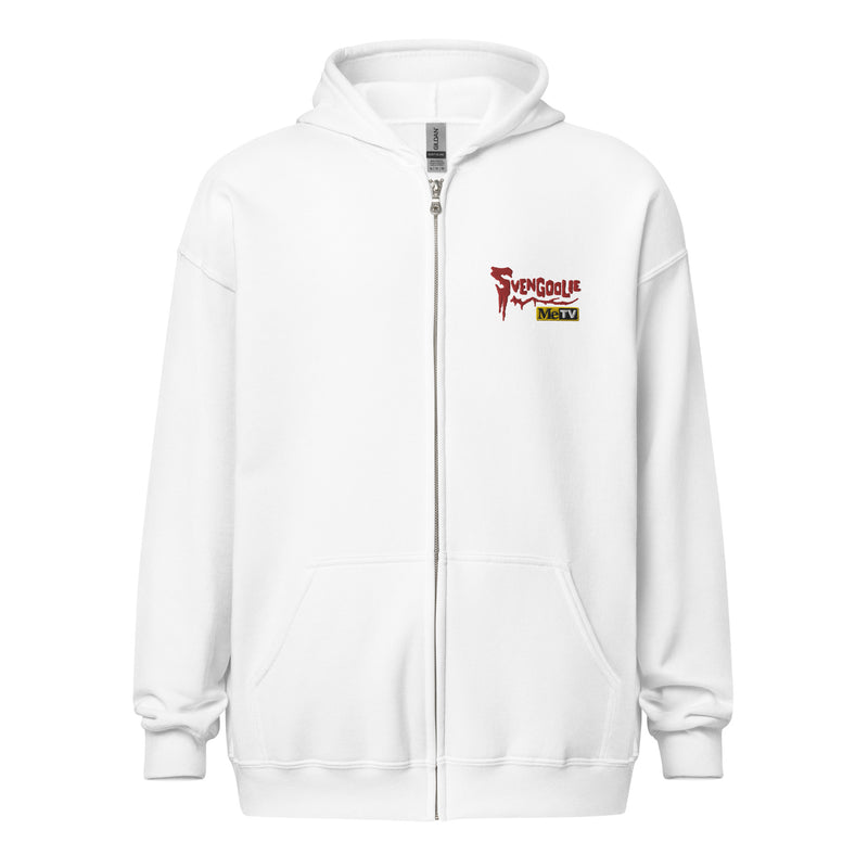 White zip-up hoodie featuring the Svengoolie logo with the text 'Svengoolie' in red above a yellow 'MeTV' badge on the left chest.