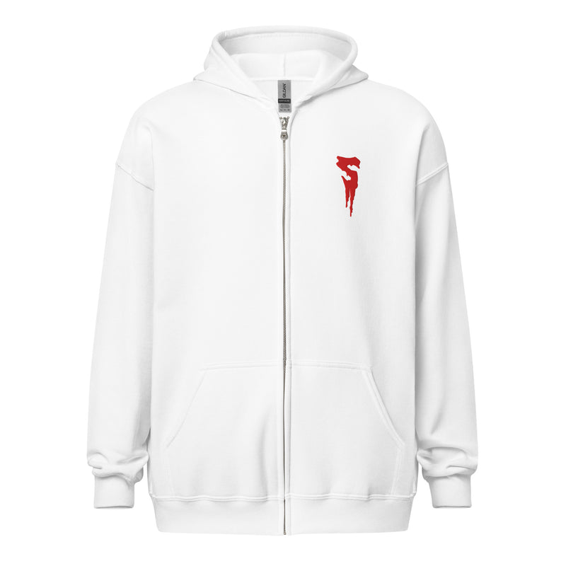 White full-zip hoodie with a front kangaroo pocket featuring a red embroidered Svengoolie logo on the left chest.