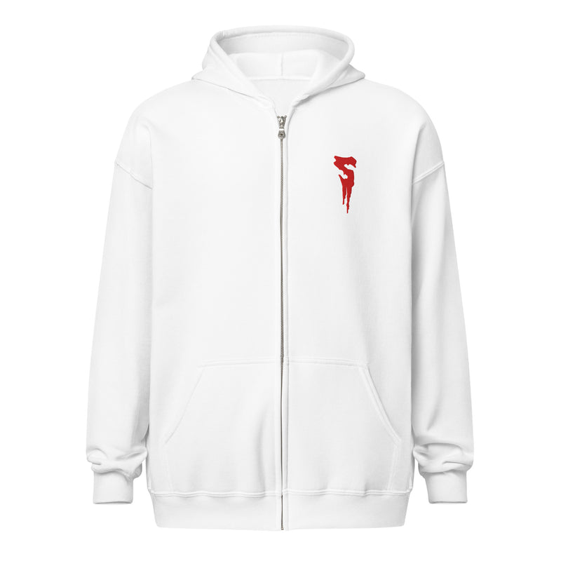White zip-up hoodie with front pockets featuring a red dripping Svengoolie graphic on the left chest.