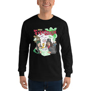 Model wearing black long-sleeve shirt featuring a cartoon scene of Svengoolie, ghosts, and bats with the text 'Svengoolie' in red above.
