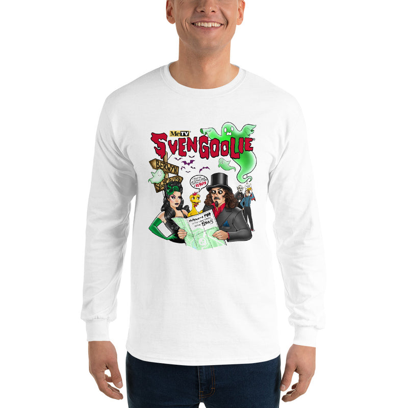 White long-sleeve shirt featuring cartoon Svengoolie in a top hat reading a map with green ghosts, with the text 'Svengoolie' in red above it.