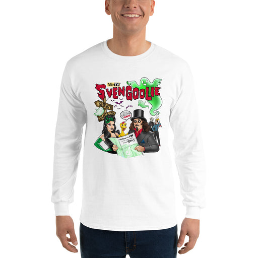 White long-sleeve shirt featuring cartoon Svengoolie in a top hat reading a map with green ghosts, with the text 'Svengoolie' in red above it.