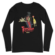 Black long-sleeve shirt with a Svengoolie character illustration featuring Svengoolie reaching forward and holding a yellow chicken, with the text 'Svengoolie' in red below him.