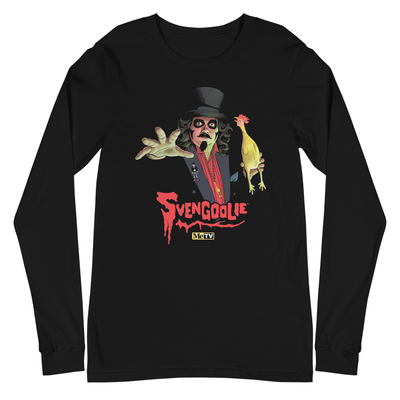 Black long-sleeve shirt with a Svengoolie character illustration featuring Svengoolie reaching forward and holding a yellow chicken, with the text 'Svengoolie' in red below him.