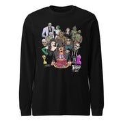 Black long-sleeved shirt featuring illustrated Svengoolie with cake surrounded by movie monsters, with 'Svengoolie' logo at lower right