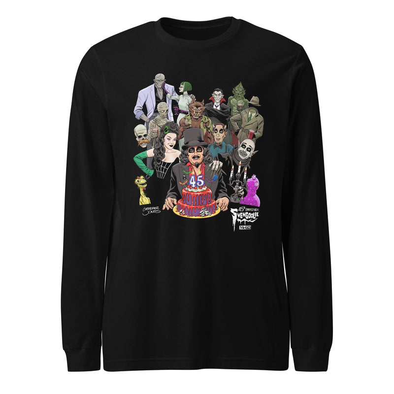 Black long-sleeved shirt featuring illustrated Svengoolie with cake surrounded by movie monsters, with 'Svengoolie' logo at lower right