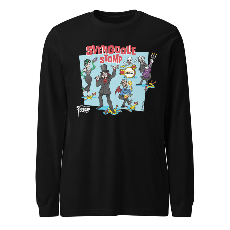 Black long-sleeved shirt featuring a cartoon band of Svengoolie characters with red SVENGOOLIE STOMP written above and Svengoolie logo at lower left