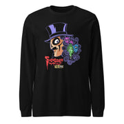 Black long-sleeved shirt featuring Svengoolie in a top hat with curly hair, and the faces of the Sven Squad in his hair, with the text 'Svengoolie' in red and the MeTV logo.