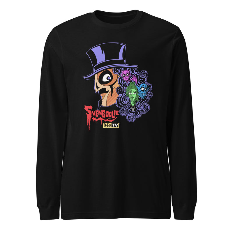 Black long-sleeved shirt featuring Svengoolie in a top hat with curly hair, and the faces of the Sven Squad in his hair, with the text 'Svengoolie' in red and the MeTV logo.