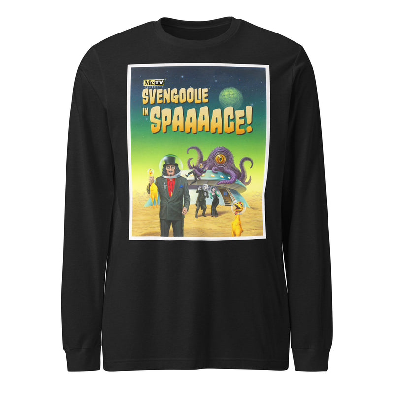 Black long-sleeved shirt featuring a retro space poster of Svengoolie in a space helmet with the text 'Svengoolie in SPAAAACE!' in yellow above it.