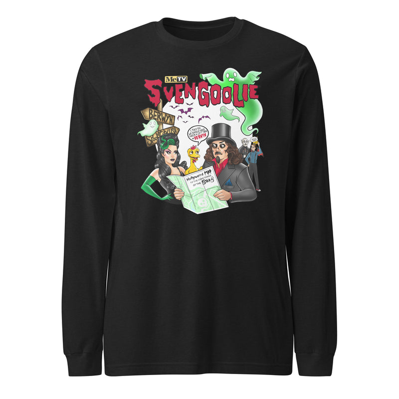 Black long-sleeve shirt featuring a Svengoolie cartoon with ghosts and bats, with the text 'Svengoolie' in red across the top.