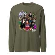 Olive green long-sleeve shirt featuring illustrated Svengoolie with cake surrounded by movie monsters, with 'Svengoolie' logo at lower right
