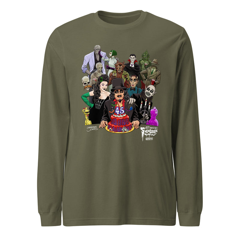 Olive green long-sleeve shirt featuring illustrated Svengoolie with cake surrounded by movie monsters, with 'Svengoolie' logo at lower right
