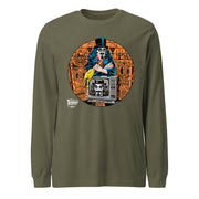 Green long-sleeved shirt illustrated Svengoolie holding a rubber chicken, and TV with Orange circle border, with white Svengoolie logo at lower left.