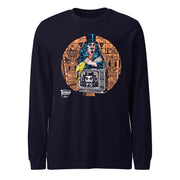Black long-sleeve shirt with illustrated Svengoolie holding rubber chicken, and TV with Orange circle border with white Svengoolie logo at lower left