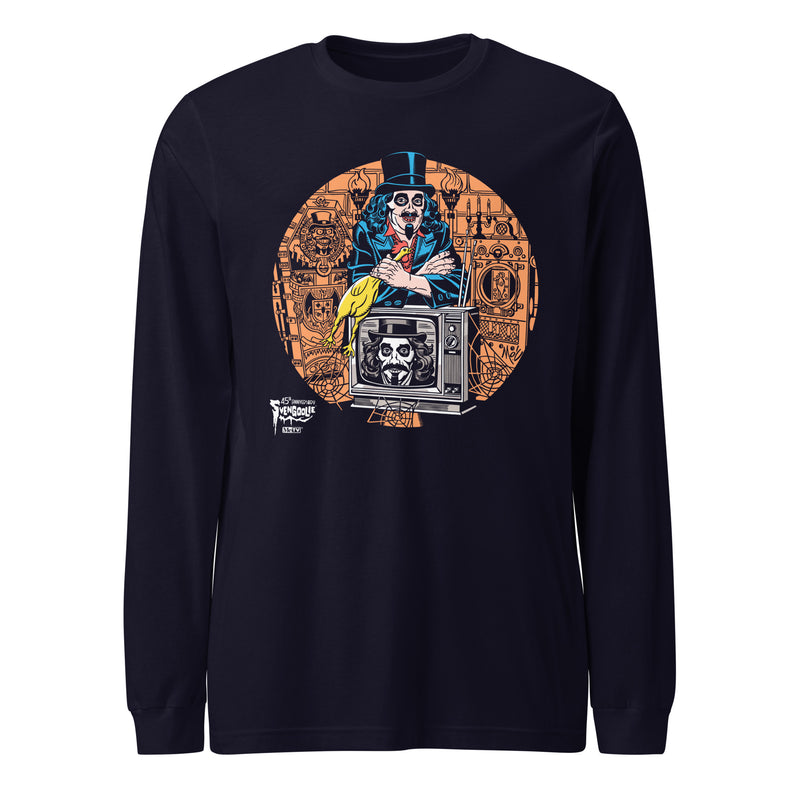 Black long-sleeve shirt with illustrated Svengoolie holding rubber chicken, and TV with Orange circle border with white Svengoolie logo at lower left
