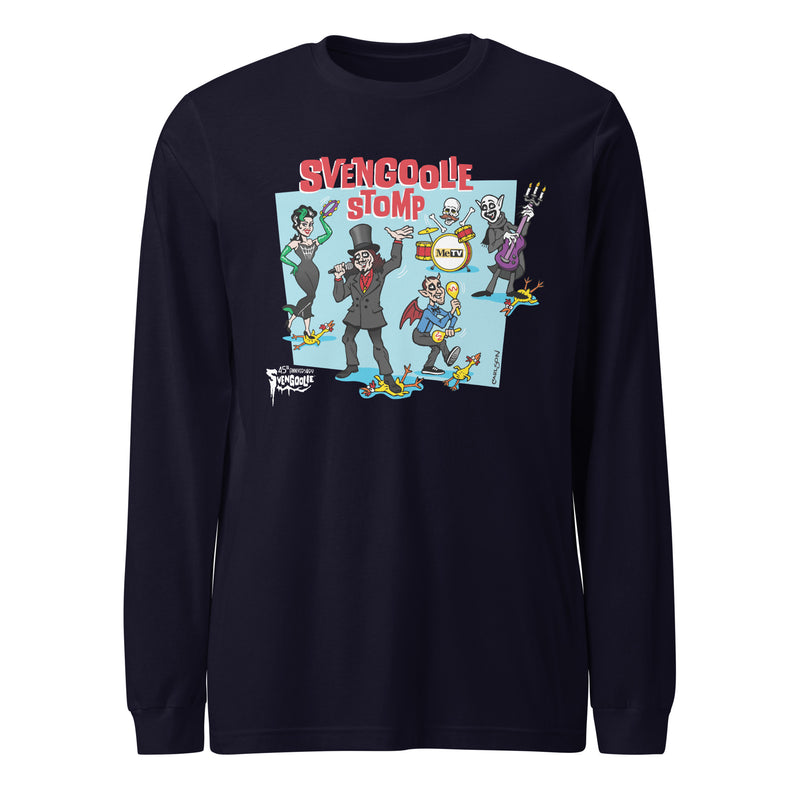 Navy long-sleeved shirt featuring a cartoon band of Svengoolie characters with red SVENGOOLIE STOMP written above and Svengoolie logo at lower left