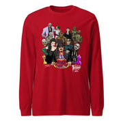 Red long-sleeve shirt featuring illustrated Svengoolie with cake surrounded by movie monsters, with 'Svengoolie' logo at lower right
