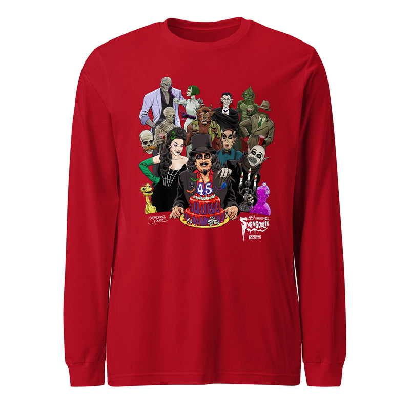 Red long-sleeve shirt featuring illustrated Svengoolie with cake surrounded by movie monsters, with 'Svengoolie' logo at lower right