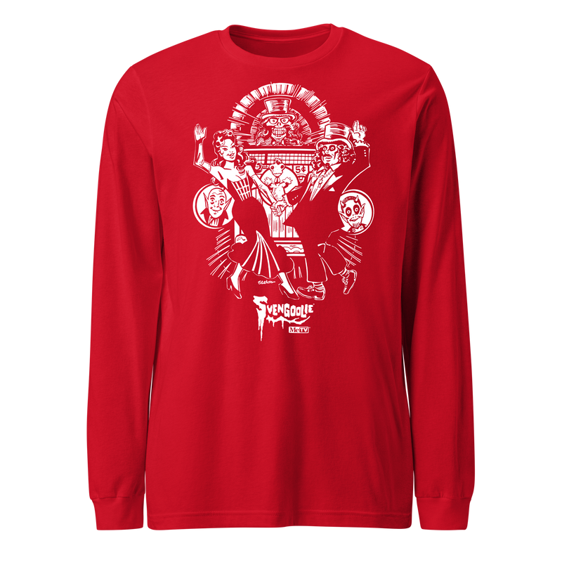 Red long-sleeved shirt featuring a white Joe Staton illustration of Svengoolie and Gwengoolie dancing in a vintage nightclub scene with the text 'Svengoolie' in white below it.