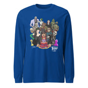 Royal blue long-sleeved shirt featuring illustrated Svengoolie with cake surrounded by movie monsters, with 'Svengoolie' logo at lower right