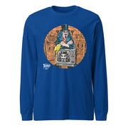 Blue long-sleeved shirt with illustrated Svengoolie holding a rubber chicken, and TV with Orange circle border, with white Svengoolie logo at lower left.
