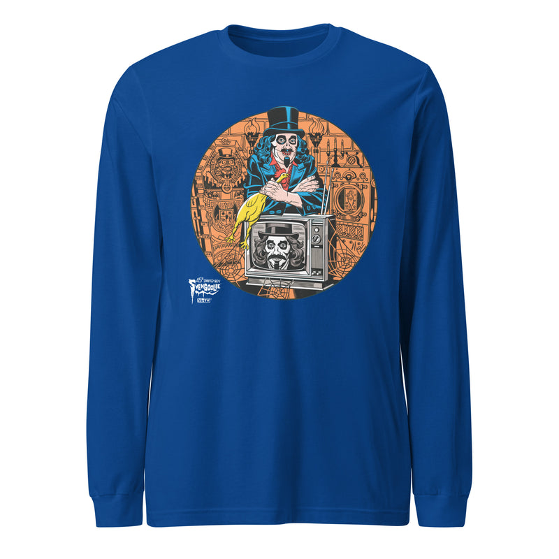Blue long-sleeved shirt with illustrated Svengoolie holding a rubber chicken, and TV with Orange circle border, with white Svengoolie logo at lower left.