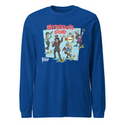 Blue long-sleeved t-shirt featuring a cartoon band of Svengoolie characters with red SVENGOOLIE STOMP written above and Svengoolie logo at lower left