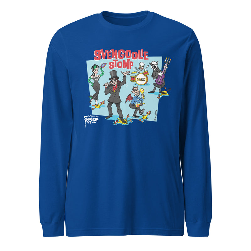 Blue long-sleeved t-shirt featuring a cartoon band of Svengoolie characters with red SVENGOOLIE STOMP written above and Svengoolie logo at lower left