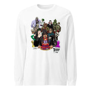 White long-sleeved shirt featuring illustrated Svengoolie with cake surrounded by movie monsters, with 'Svengoolie' logo at lower rightht.
