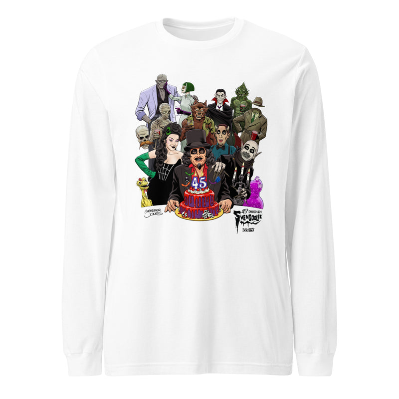 White long-sleeved shirt featuring illustrated Svengoolie with cake surrounded by movie monsters, with 'Svengoolie' logo at lower rightht.