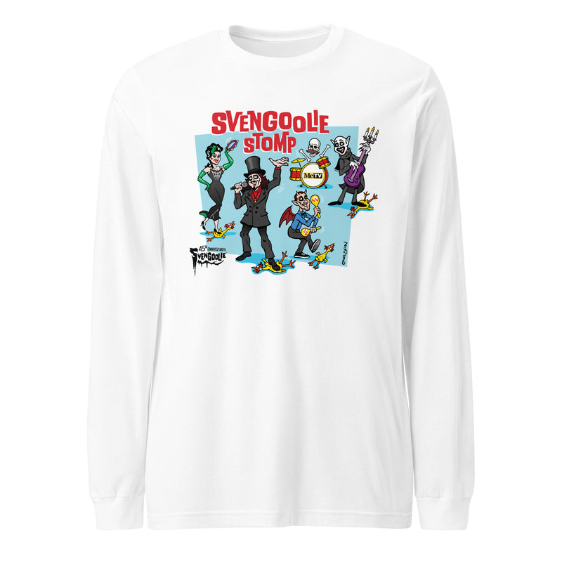 White long-sleeved shirt featuring a cartoon band of Svengoolie characters with red SVENGOOLIE STOMP written above and Svengoolie logo at lower left