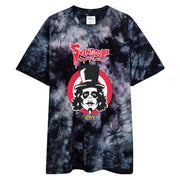 Svengoolie script logo above face illustration on red and white target rings on a milky way tie-dye unisex shirt