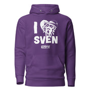 Purple pullover hoodie featuring a white heart with a Svengoolie face graphic included in the text 'I Heart Sven' in white above and the MeTV logo below it.