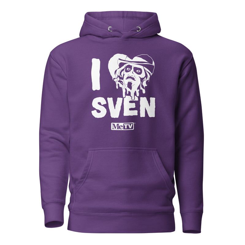 Purple pullover hoodie featuring a white heart with a Svengoolie face graphic included in the text 'I Heart Sven' in white above and the MeTV logo below it.