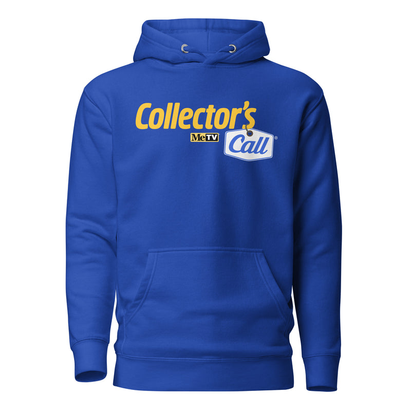 Royal blue pullover hoodie featuring the yellow Collector's Call logo with a MeTV logo across chest