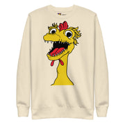 Cream front of the Kerwyn Big Head Sweatshirt featuring the same large yellow Kerwyn rubber chicken head graphic.