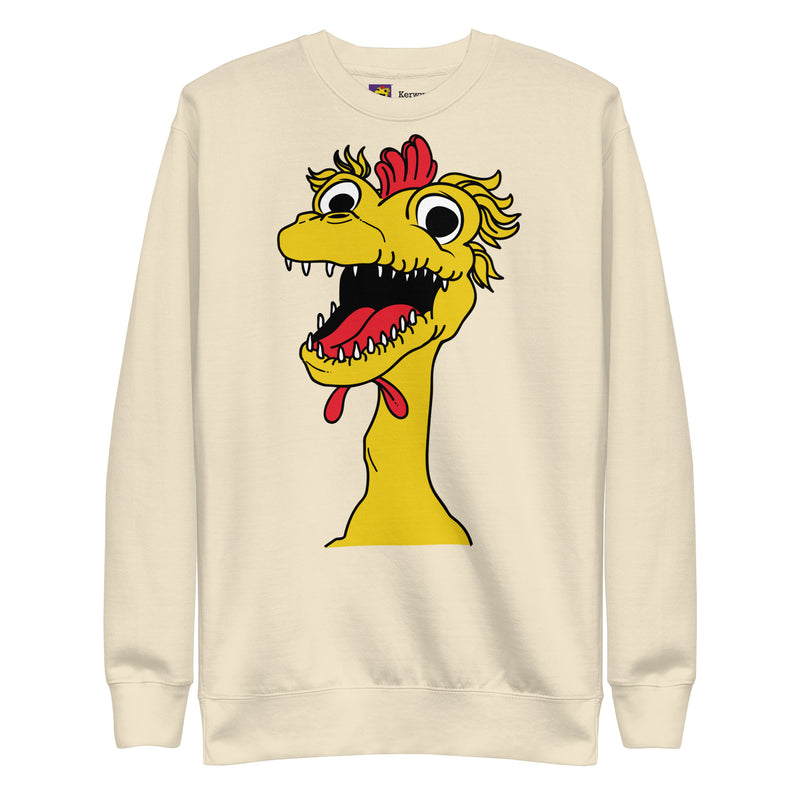 Cream front of the Kerwyn Big Head Sweatshirt featuring the same large yellow Kerwyn rubber chicken head graphic.