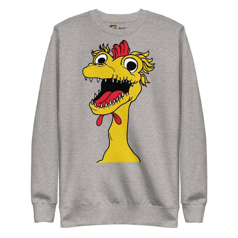 Heather gray front of the Kerwyn Big Head Sweatshirt featuring the same large yellow Kerwyn rubber chicken head graphic.